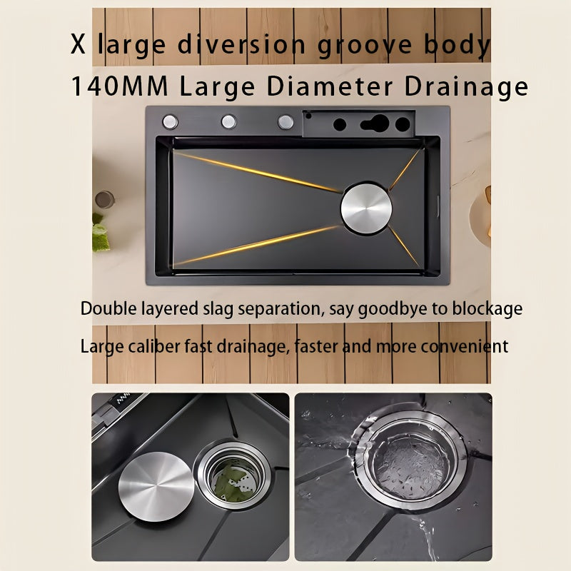 Waterfall Kitchen Sink With Faucet, Sink With LED Display Screen, Top Mounted