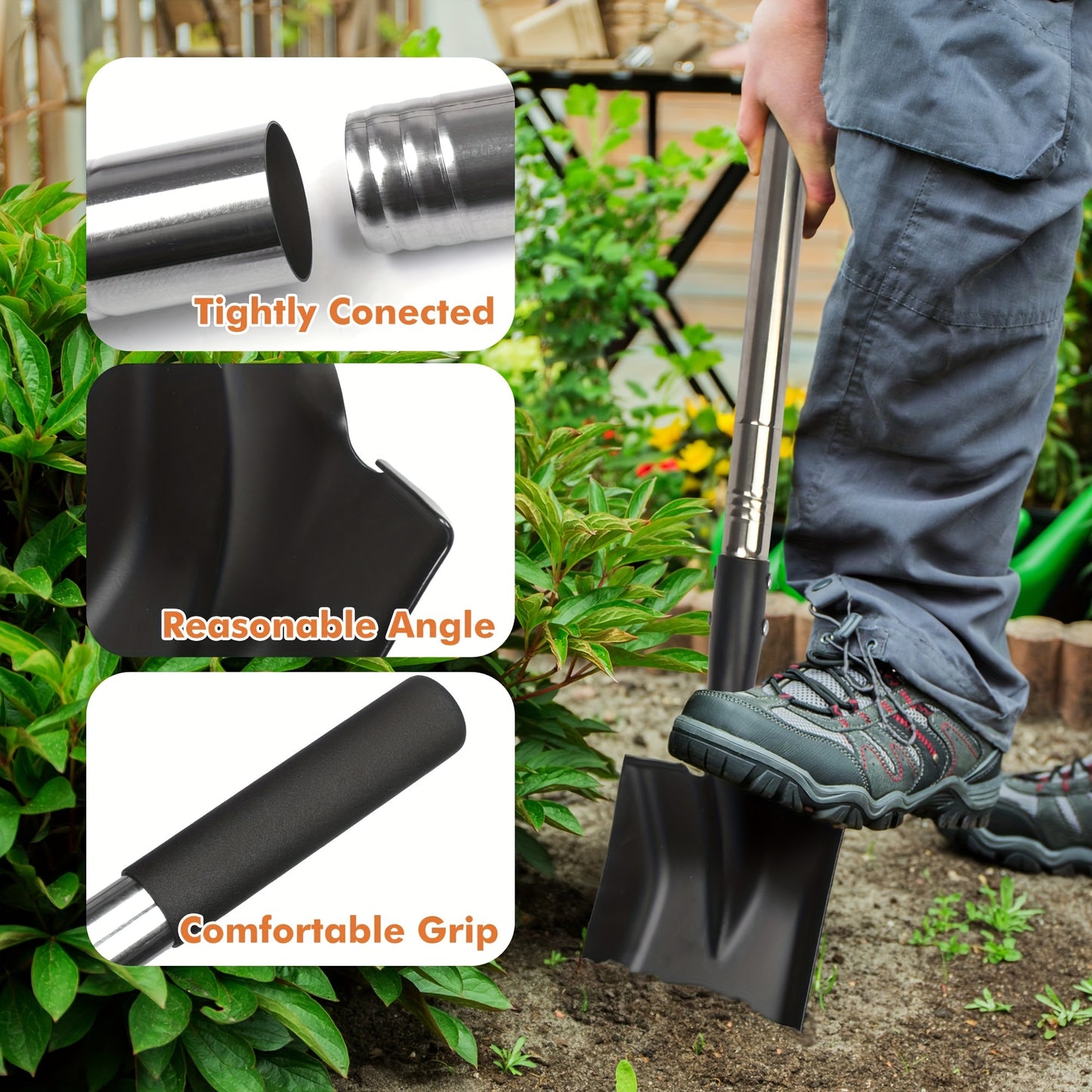 Mini Shovel With Carbon Steel, No-Slip H-Grip Ergonomic Handle, Square Nose Head