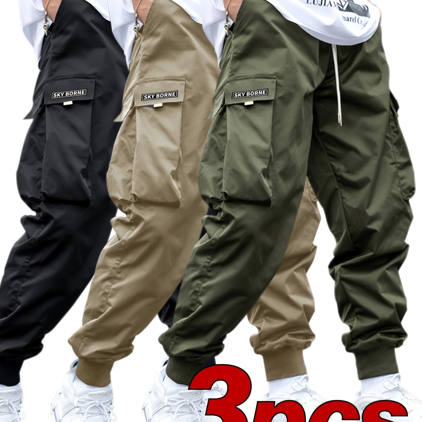 Men's Casual Letter Pattern Cargo Pants Set of 3, Mid-Rise Woven Fabric Trousers with Drawstring Waist, Belt Loops