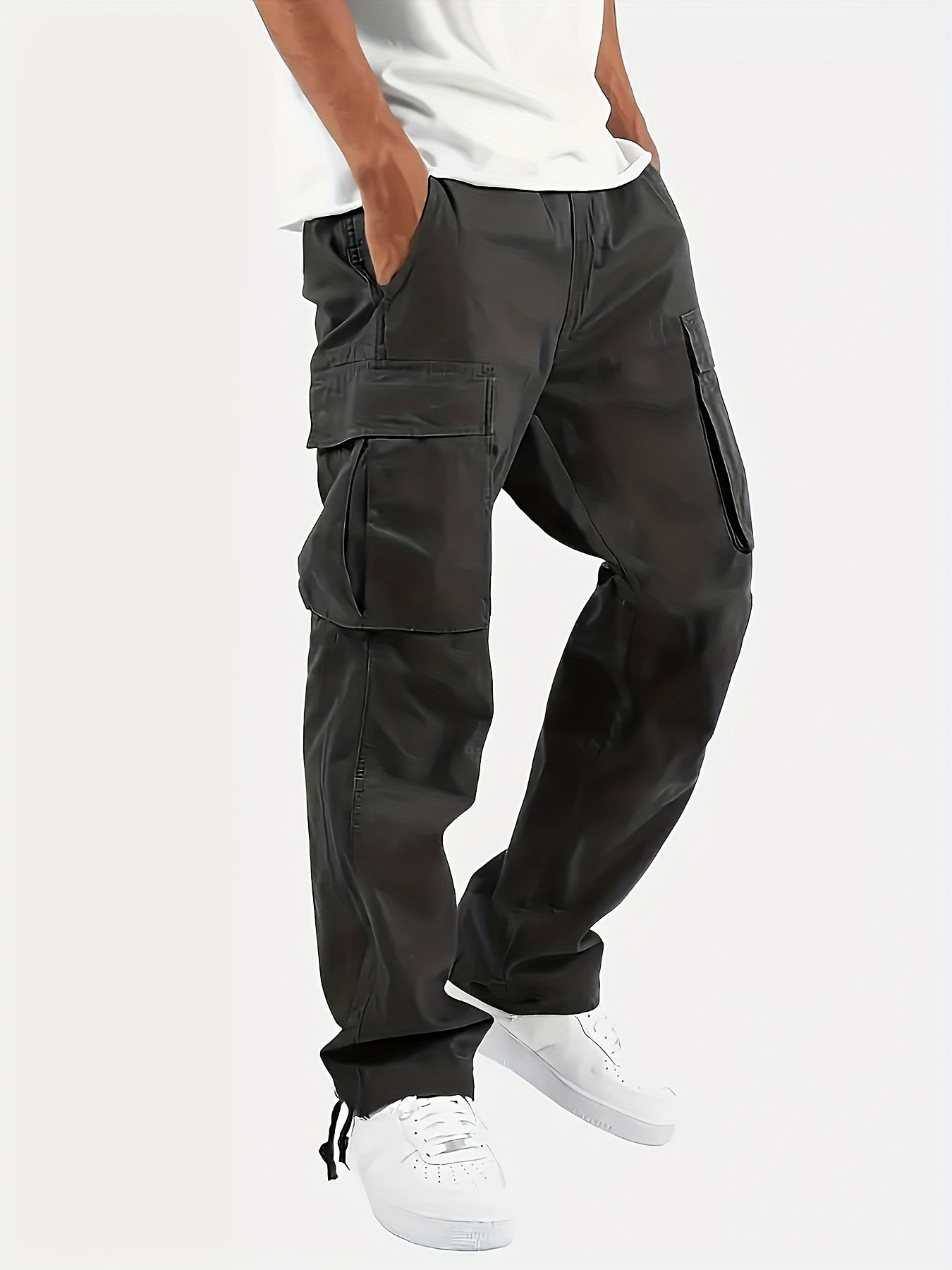 4pcs Men's Solid Color Loose Fit Cargo Pants with Multiple Pockets