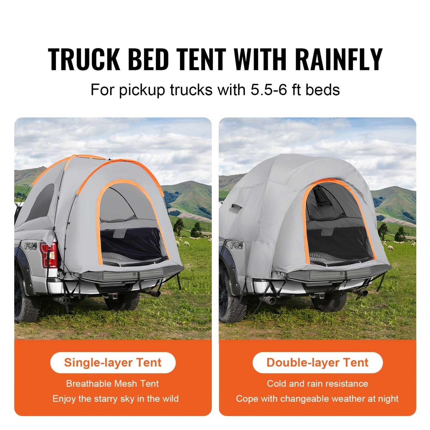 2 Person Waterproof PU2000mm Double Layer Pickup Truck Tent 2.0, Portable Truck Bed Tent With Rainfly