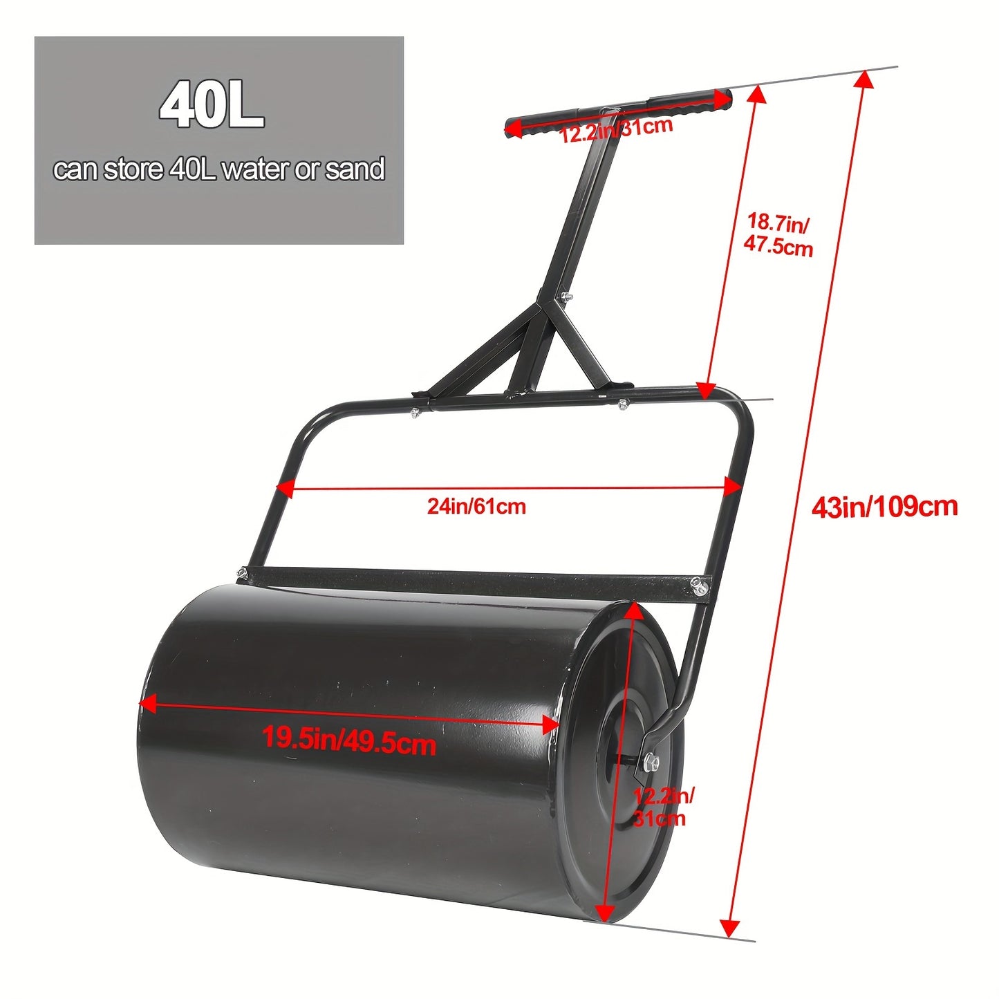 Lawn Roller, Push/Pull Steel Sod Roller Water/Sand Filled 13 Gallons/48 L Tow Behind Lawn Roller