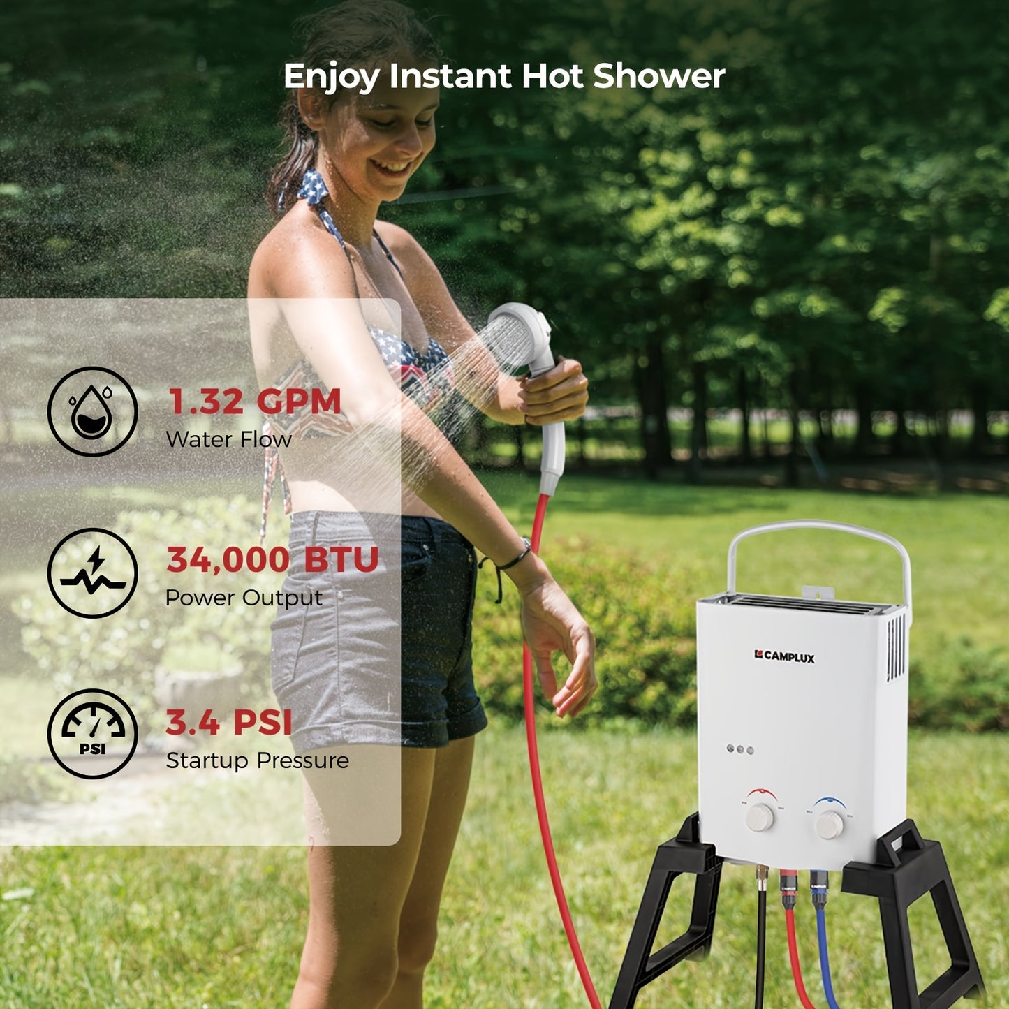 Portable Tankless Water Heater 1.32 GPM Outdoor Camping Propane Gas Water Heater Pump W/Free-standing Stand And Carry Bag, Without Battery