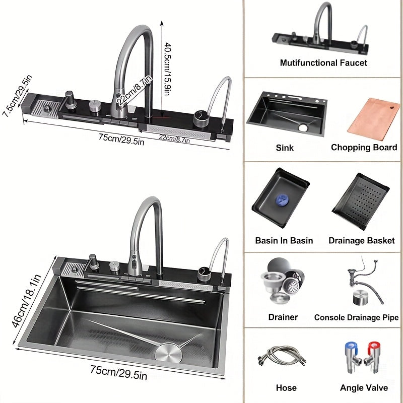 30x18 Inch Modern Stainless Steel Kitchen Sink with Dual Waterfalls, Pull-Out Faucet & Digital Display