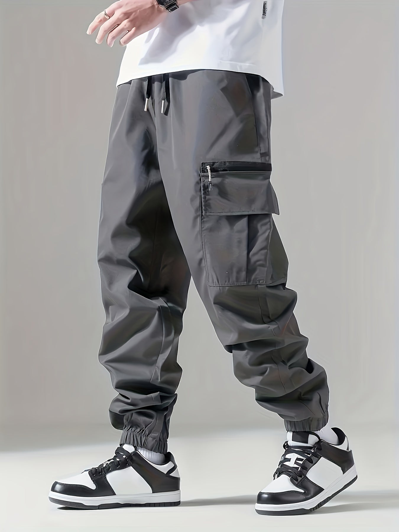 3-Pack Men's Casual Cargo Pants with Elastic Waist and Zipper Pockets