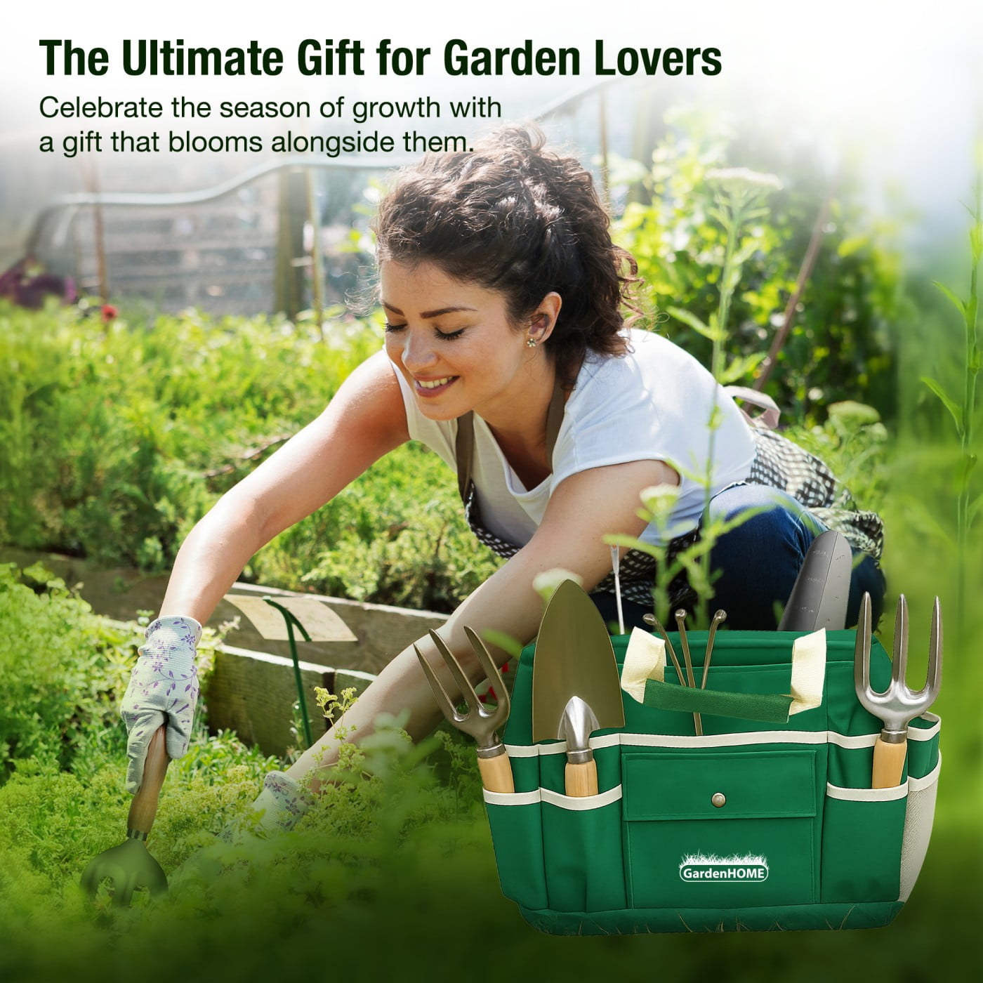 GardenHOME 7-piece gardening tool kit with bag and foldable stool, featuring trowels, pruning shears, and hand tools for gardening.