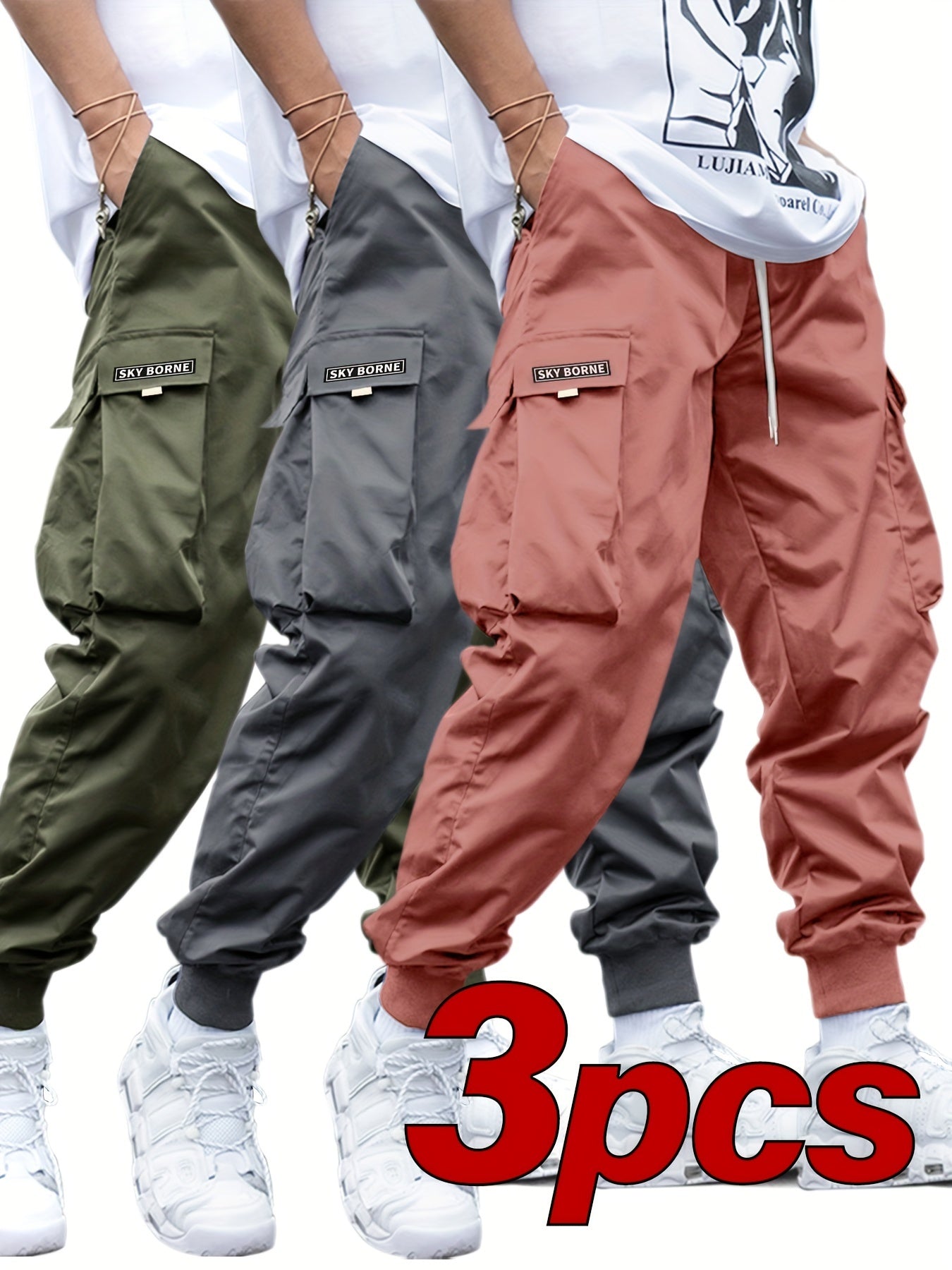 Men's Casual Letter Pattern Cargo Pants Set of 3, Mid-Rise Woven Fabric Trousers with Drawstring Waist, Belt Loops