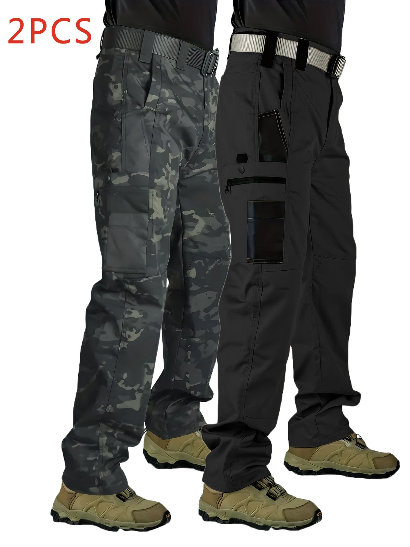 2pcs Men's Tactical Cargo Pants, 100% Polyester Solid Color Sports Style