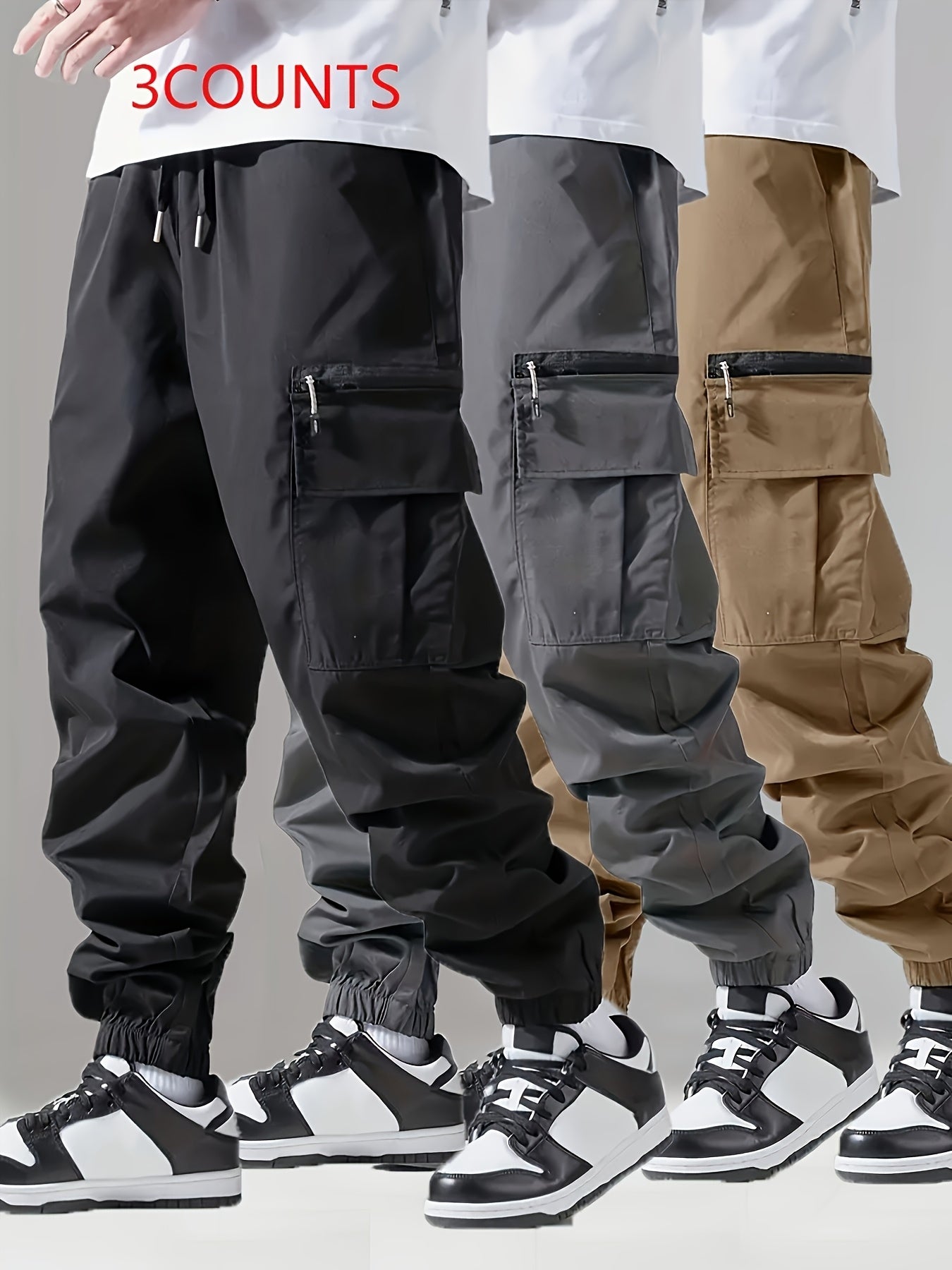 3-Pack Men's Casual Cargo Pants with Elastic Waist and Zipper Pockets