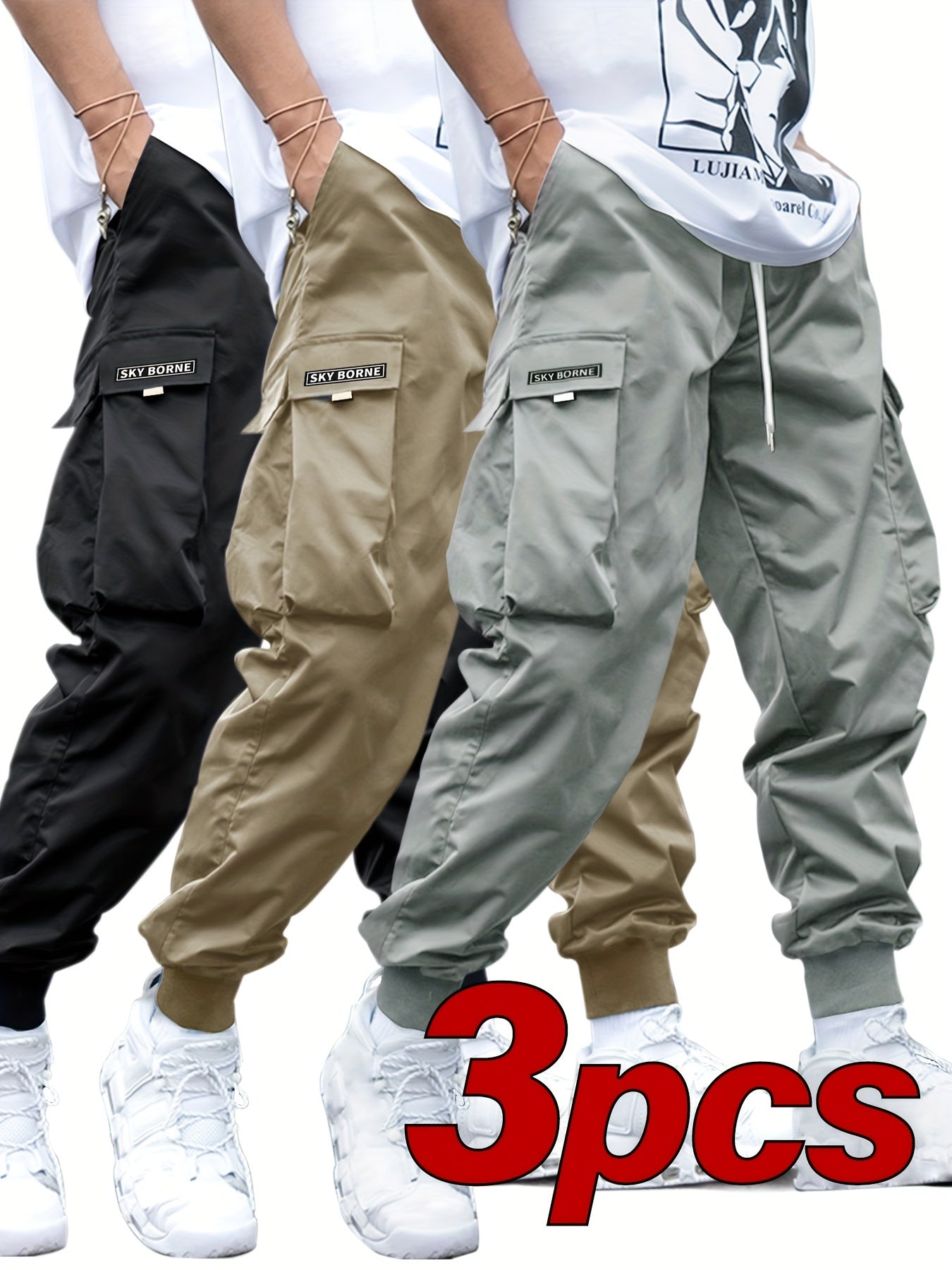 Men's Casual Letter Pattern Cargo Pants Set of 3, Mid-Rise Woven Fabric Trousers with Drawstring Waist, Belt Loops