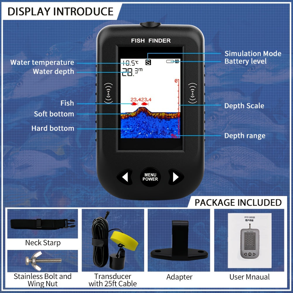 Portable Fish Finder Fishing Sonar Sounder 100M Depth Range 45 Degrees Sonar Coverage