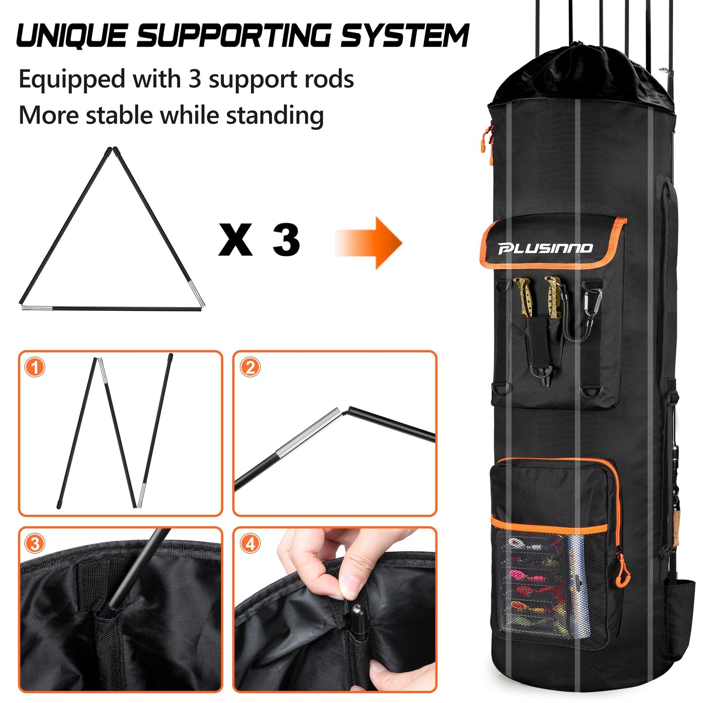 Large Storage Fishing Tackle Bag, Fishing Backpack with Rod Holders, Holds 6 Rods & Reels