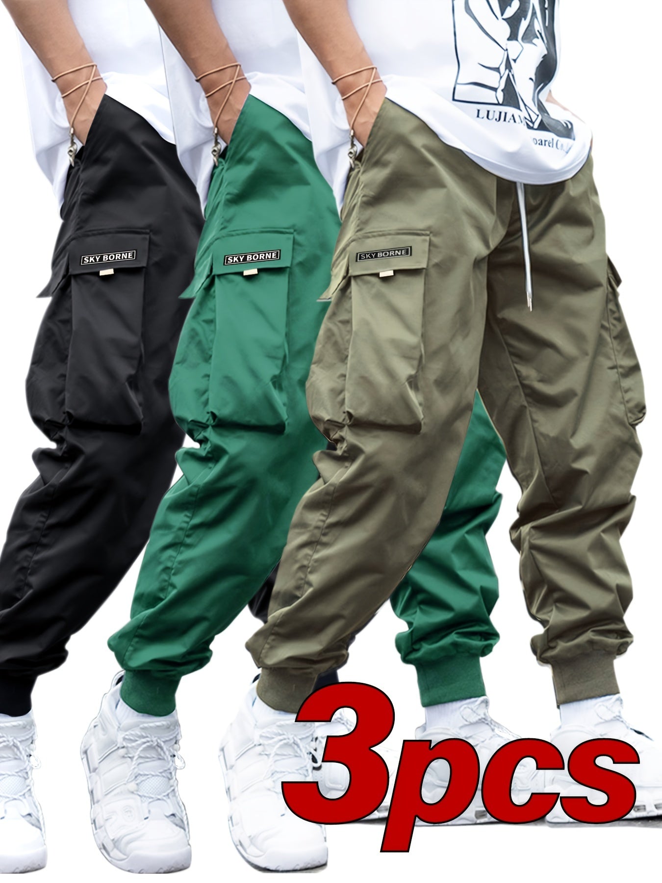 Men's Casual Letter Pattern Cargo Pants Set of 3, Mid-Rise Woven Fabric Trousers with Drawstring Waist, Belt Loops