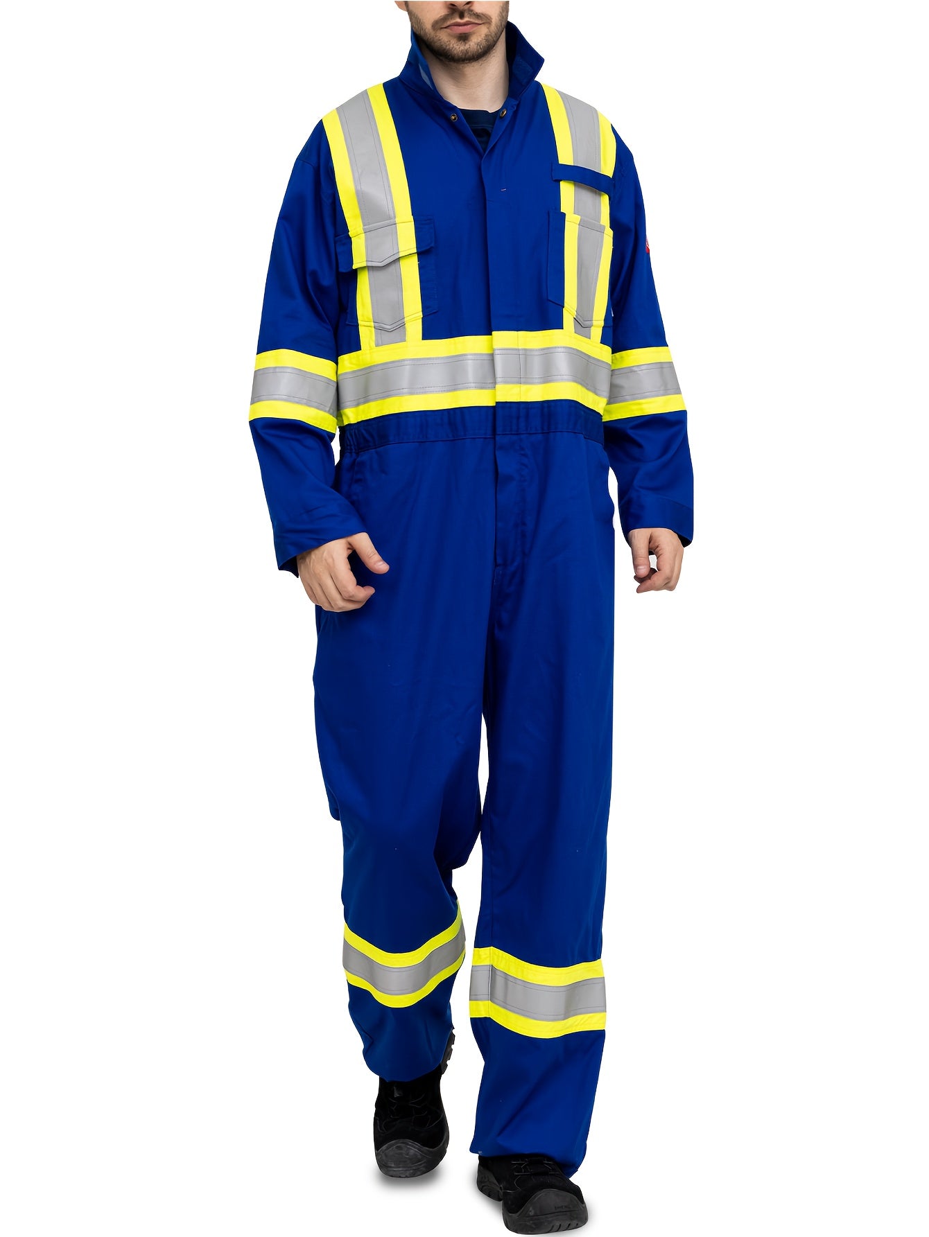 Men's All-Season Cotton Coverall with Reflective Stripes - Durable Woven Fabric, Long Sleeve, Machine Washable