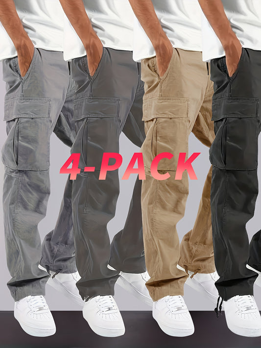 4pcs Men's Solid Color Loose Fit Cargo Pants with Multiple Pockets