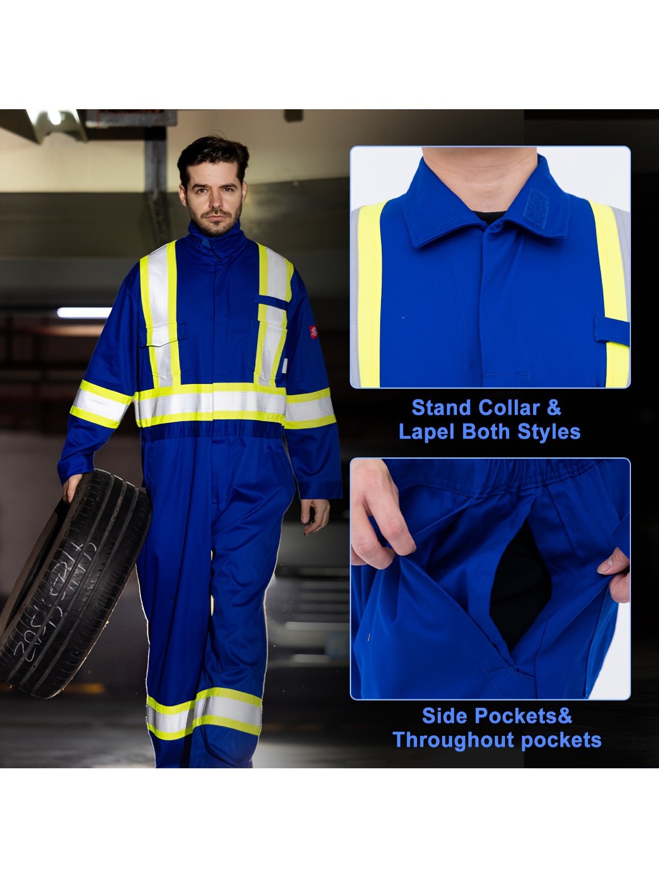 Men's All-Season Cotton Coverall with Reflective Stripes - Durable Woven Fabric, Long Sleeve, Machine Washable