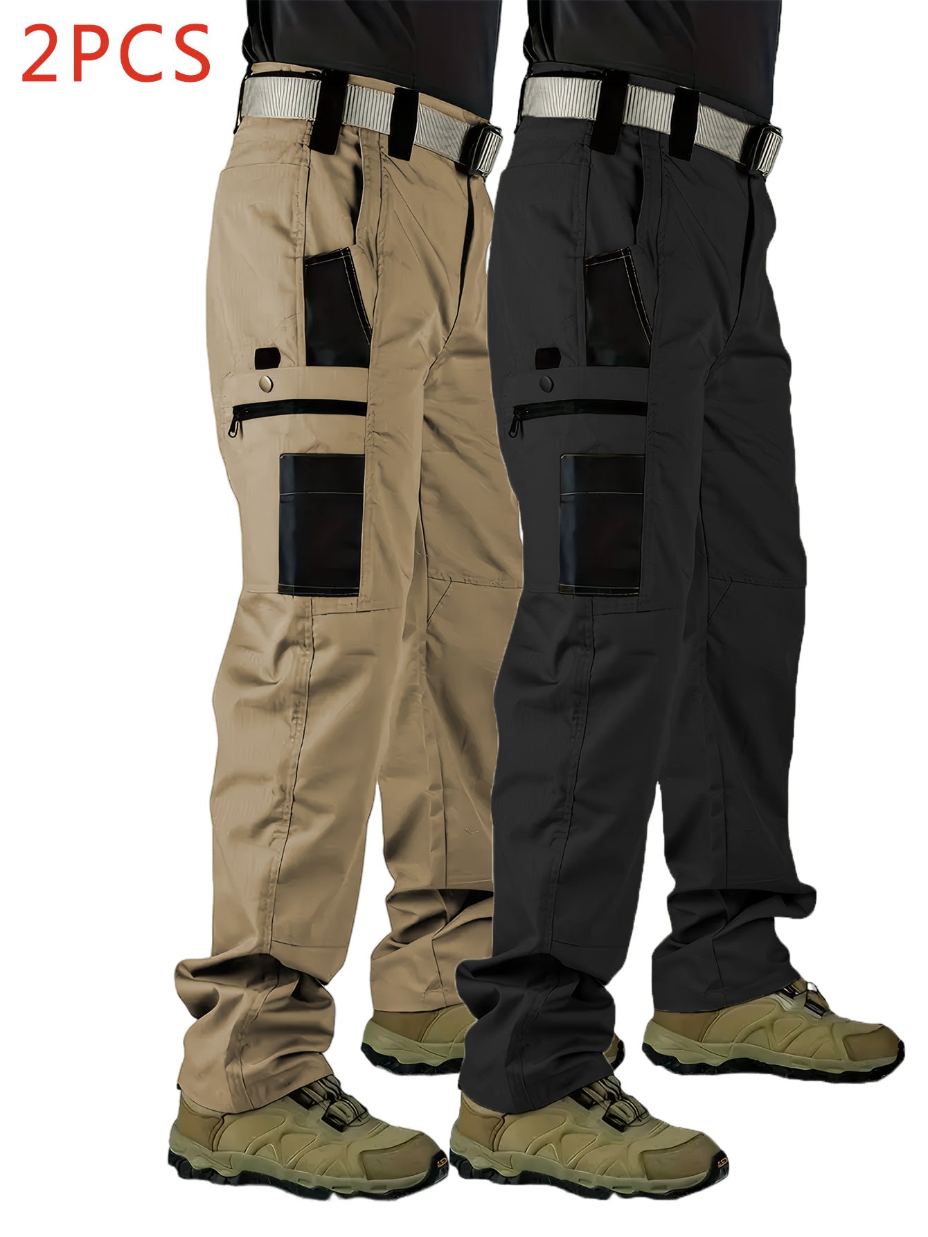 2pcs Men's Tactical Cargo Pants, 100% Polyester Solid Color Sports Style