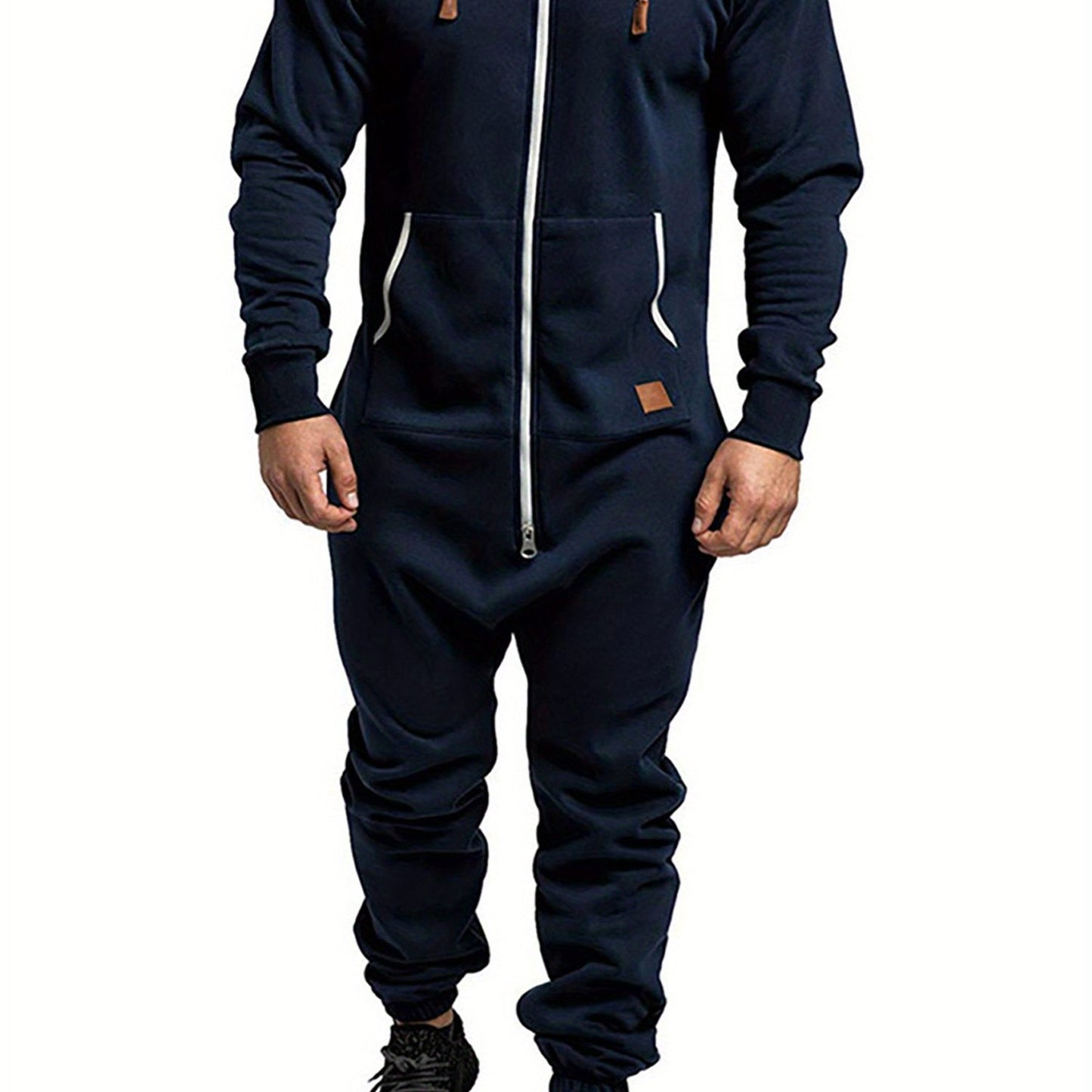 Men's Hooded Fleece Lining Jumpsuit, Long Sleeve Full Zipper Overalls with Kangaroo Pockets