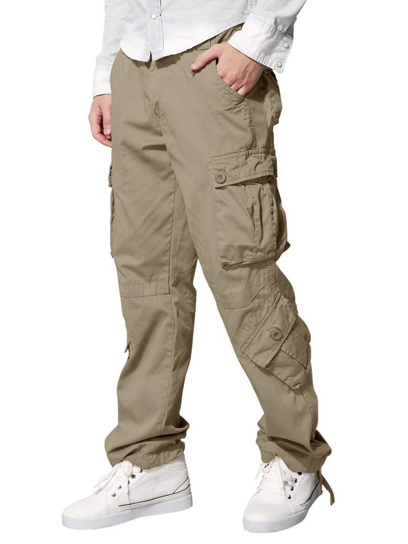 Cotton British Khaki Multi Flap Pockets Men's Straight Leg Cargo Pants