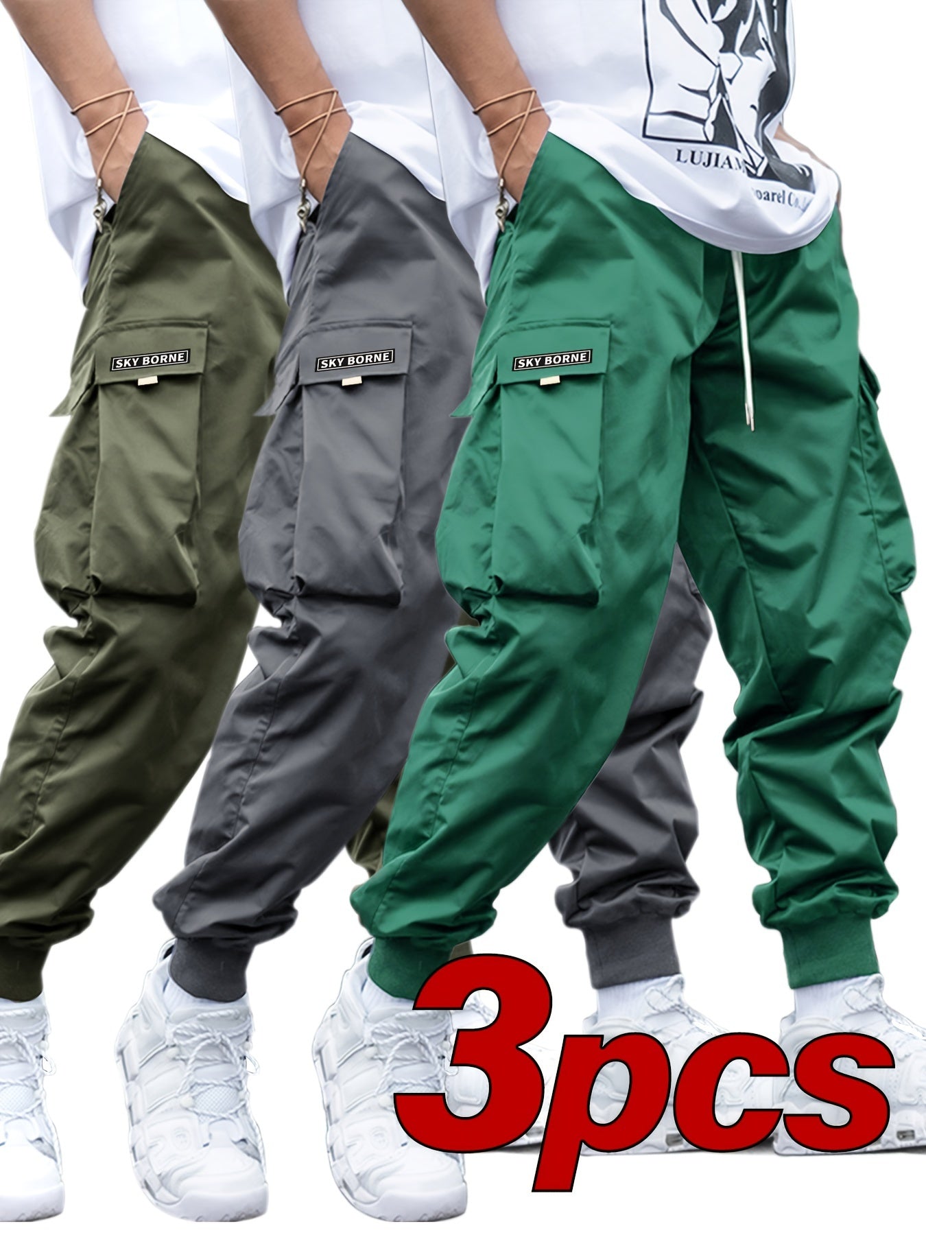 Men's Casual Letter Pattern Cargo Pants Set of 3, Mid-Rise Woven Fabric Trousers with Drawstring Waist, Belt Loops