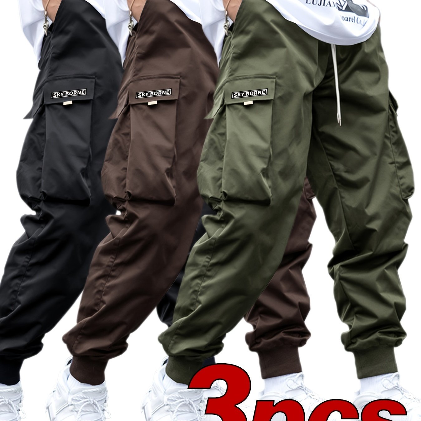 Men's Casual Letter Pattern Cargo Pants Set of 3, Mid-Rise Woven Fabric Trousers with Drawstring Waist, Belt Loops