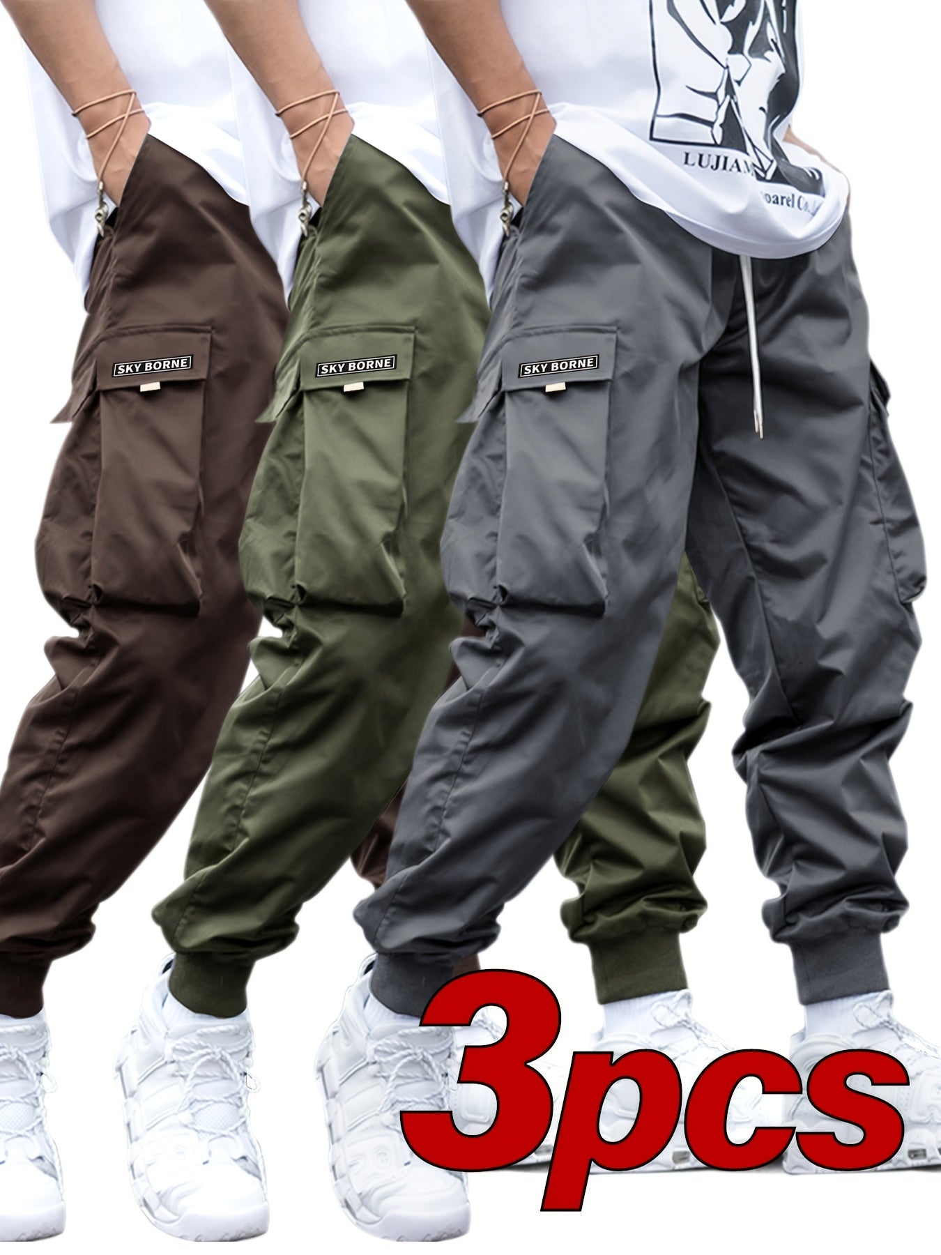 Men's Casual Letter Pattern Cargo Pants Set of 3, Mid-Rise Woven Fabric Trousers with Drawstring Waist, Belt Loops