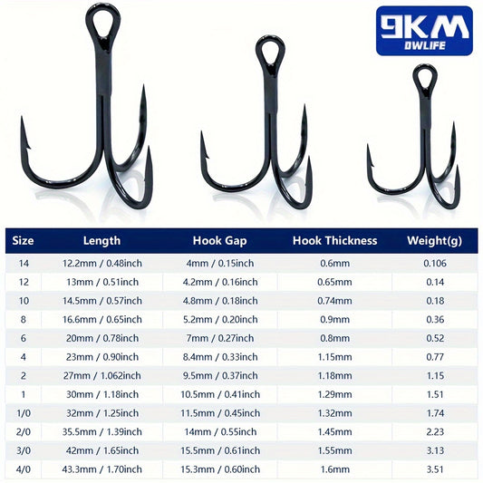 9KM 50Pcs Fishing Treble Hooks High Carbon Steel Brabed Sharp Triple Hook