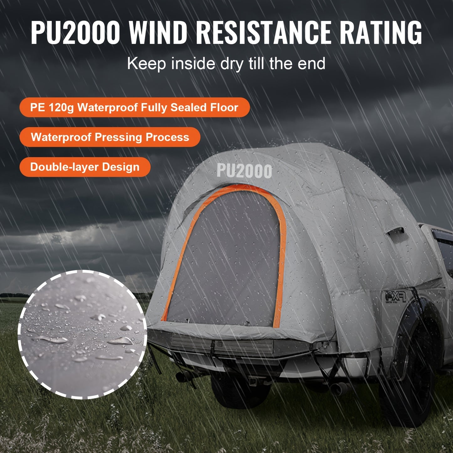 2 Person Waterproof PU2000mm Double Layer Pickup Truck Tent 2.0, Portable Truck Bed Tent With Rainfly