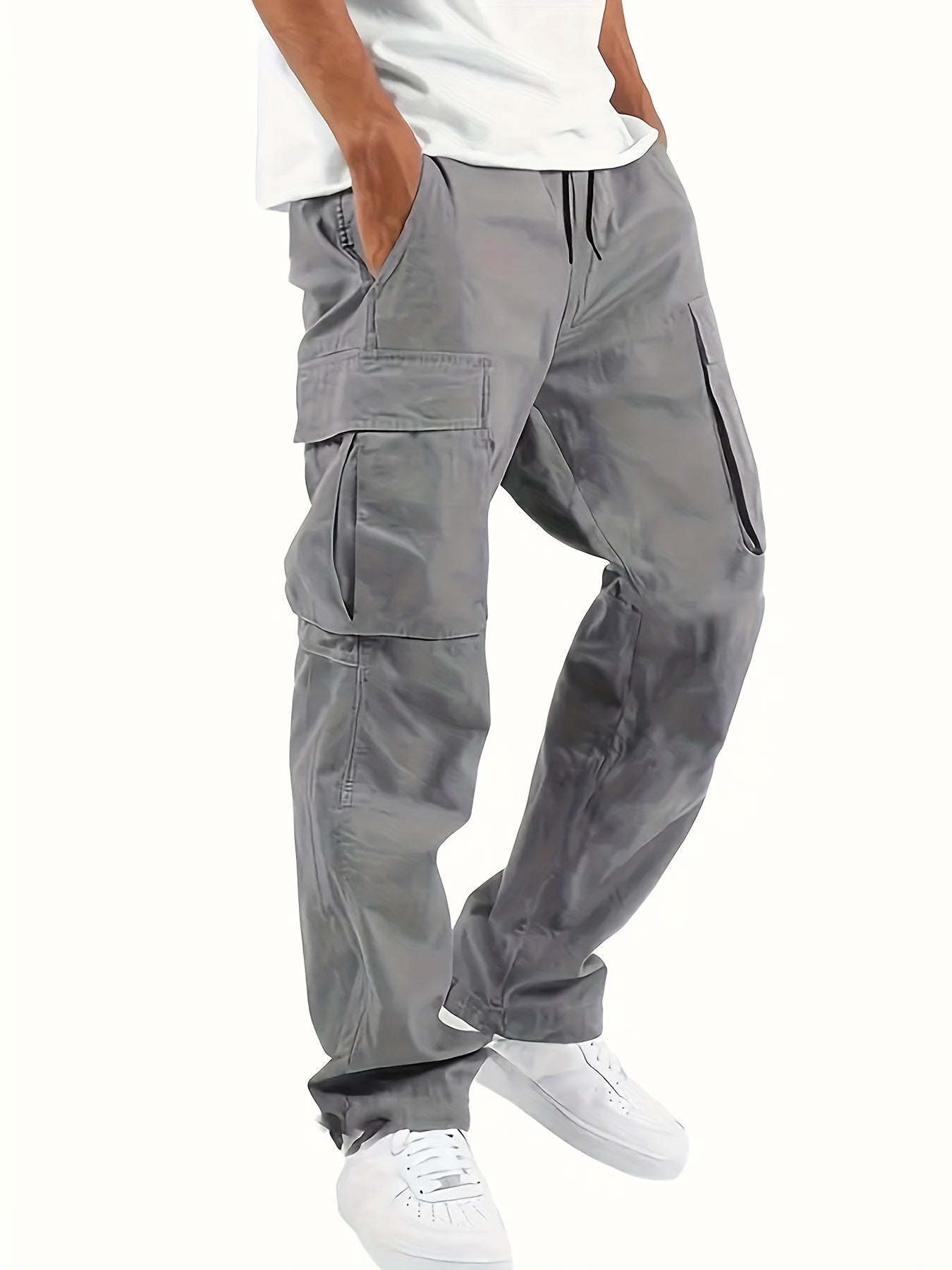 4pcs Men's Solid Color Loose Fit Cargo Pants with Multiple Pockets